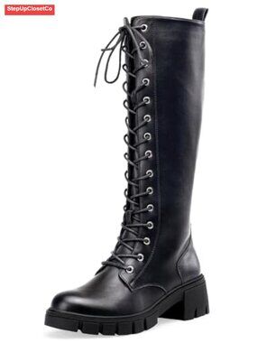 Faux Leather Knee High Combat Boots Lace Up Platform Heel